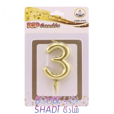Metallic birthday candle number 3, code 310, matching colors